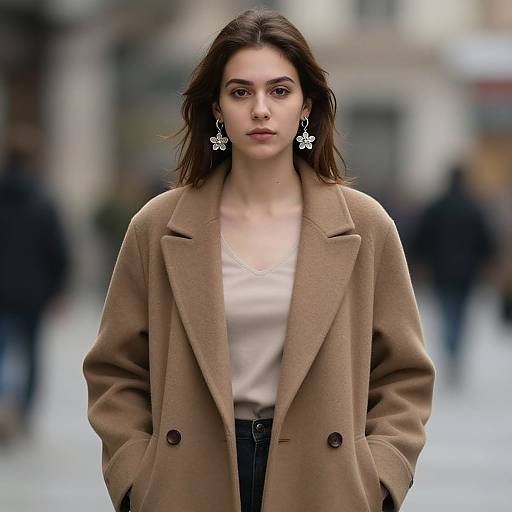 Photograph of a young woman with fair skin, brown hair, wearing a beige coat, white blouse, and star-shaped earrings, standing in a blurred