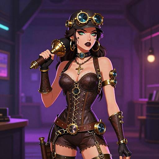 Digital anime-style illustration of a dark-haired, blue-eyed, steampunk singer with a corset, goggles, and black leather outfit, holding a