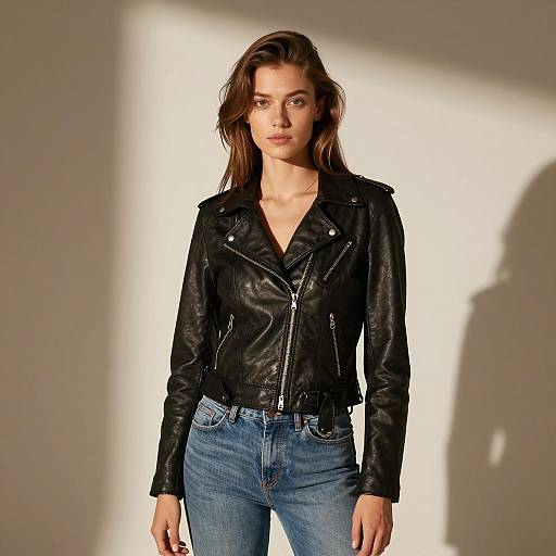 Young Woman in Black Leather Jacket and Blue Jeans