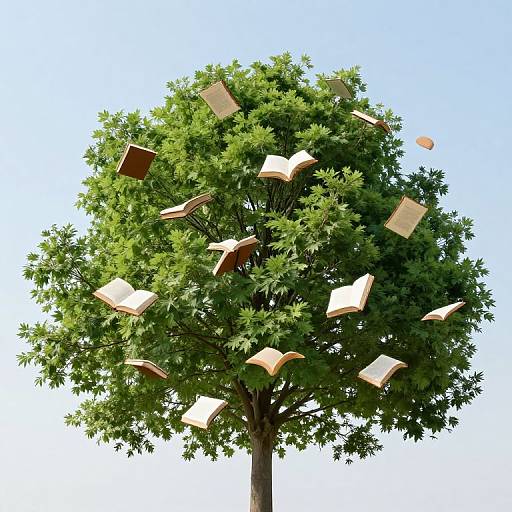 Photograph of a lush green tree with open books floating mid-air, set against a bright blue sky, creating a whimsical, magical scene.