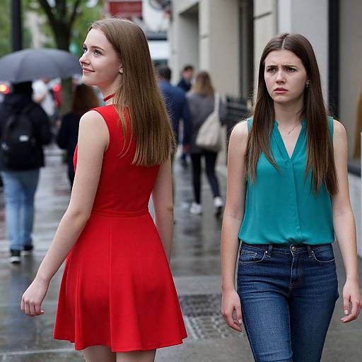Photograph of two young women with long brown hair walking on a rainy city street; one in a red dress, the other in a teal blouse and