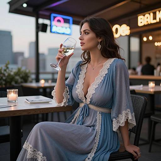Photograph of a brunette woman in a blue lace-trimmed dress, sipping wine at an outdoor café, with blurred city lights in the background