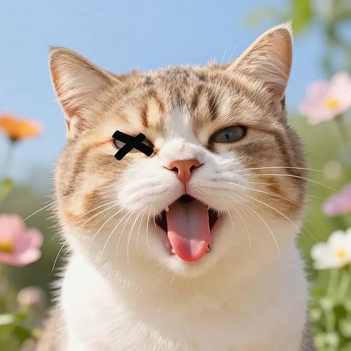 Photograph of a playful, brown and white tabby cat with a black X over its right eye, mouth open, tongue out, against a sunny