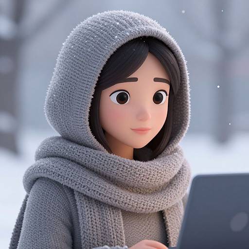 Digital 3D illustration of a young woman with large eyes, wearing a gray knitted hood and scarf, sitting indoors with a laptop, set against