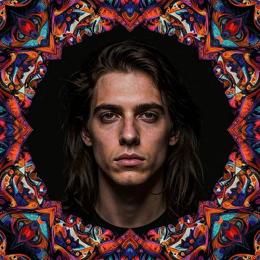 Photograph of a serious, long-haired man with dark brown eyes, surrounded by vibrant, intricate, psychedelic orange, blue, and red patterns.