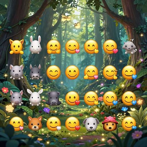 Digital illustration of a forest scene with glowing emojis of various animals and smiley faces, surrounded by colorful flowers and soft, magical lights.