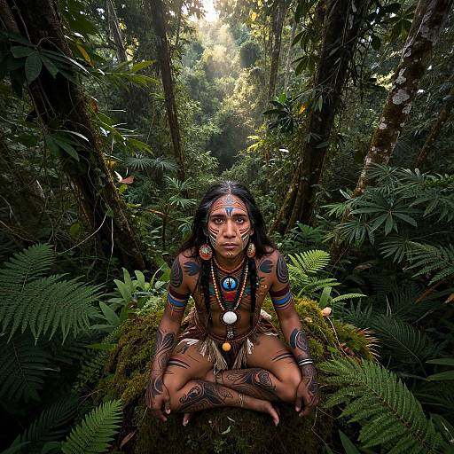 Photograph of a young Indigenous woman with black hair, intricate tribal tattoos, and jewelry, kneeling in a dense, sunlit forest, surrounded by lush