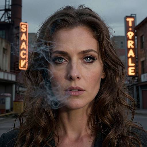 Photograph of a serious, blue-eyed, wavy-haired woman with smoke in front of her face, standing in a gritty urban street with 