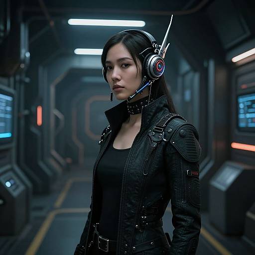 Digital CGI image of an Asian woman with black hair, wearing a black futuristic jacket, headphones, and black tank top, standing in a dimly lit