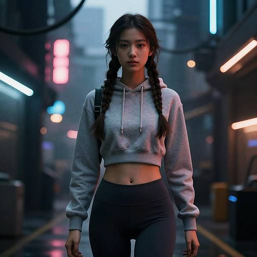 Young Woman in Neon-lit Urban Street