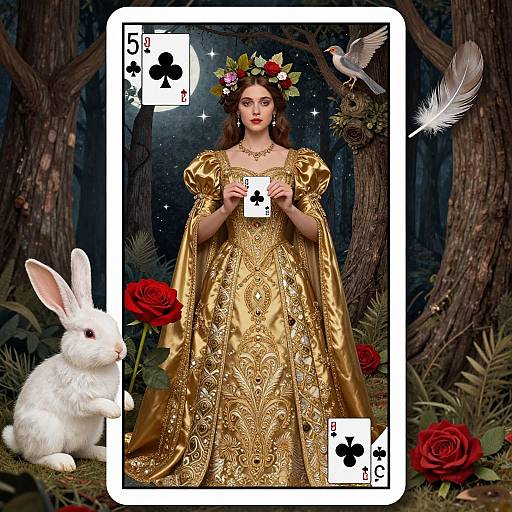 Digital artwork of a fairy tale queen in gold ornate dress, floral crown, forest background, white rabbit, card ace of spades, dove,