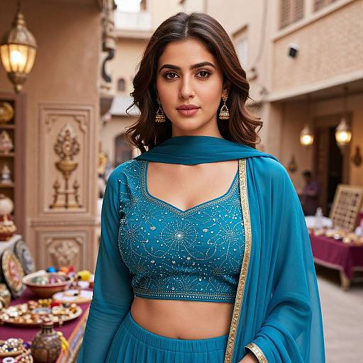 Photograph of a beautiful South Asian woman with dark wavy hair, wearing a blue sequined top and matching dupatta, standing in a vibrant,