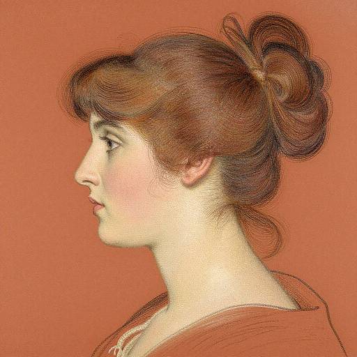 Digital drawing of a fair-skinned woman in profile, with red hair in an elaborate bun, wearing a rust-colored top, against a solid red background