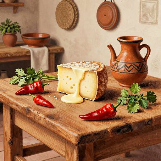 Photograph of a rustic wooden table with a Swiss cheese block, red chili peppers, parsley, and an ornate brown ceramic jug. Background includes clay