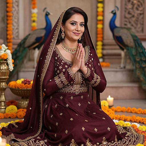 Photograph of a smiling South Asian woman in a maroon embroidered lehenga and veil, hands in prayer, surrounded by peacocks, marig