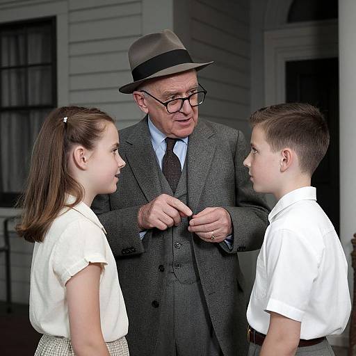 Photograph of an older man in a gray suit, black tie, and fedora, standing between a young girl and boy in white shirts, outdoors