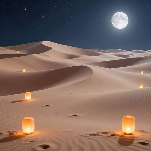 Photograph of a moonlit desert with glowing orange lanterns scattered across white sand dunes under a starry night sky.