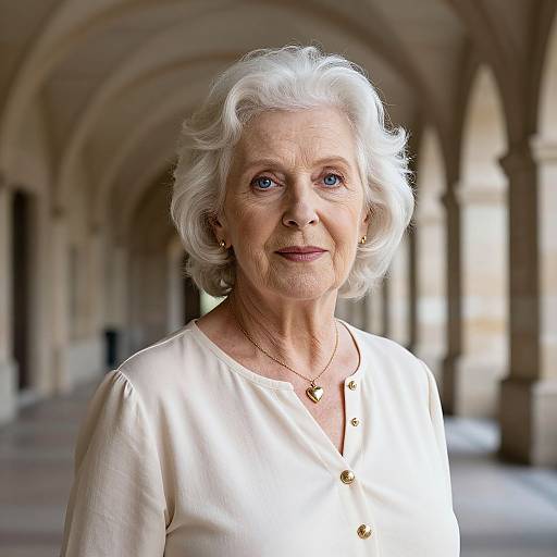 Photograph of an elderly white woman with short, wavy white hair, wearing a cream blouse with gold buttons, standing in a sunlit, ar