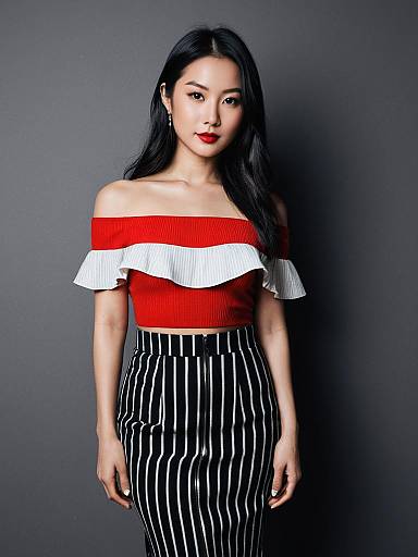 Asian Woman in Red Off-Shoulder Top and Striped Skirt