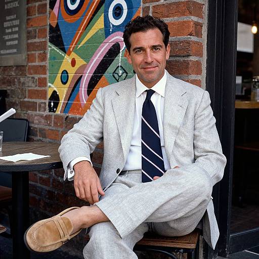 Man in Light Gray Linen Suit at Café