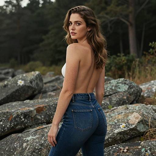 Freckled Woman Outdoor Portrait in Indigo Jeans