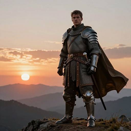 Photograph of a muscular, serious-looking man in medieval armor standing on a rocky mountain peak at sunset, with a glowing orange sky and distant mountain range