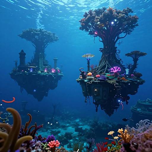 Photograph of underwater fantasy: floating, tree-like islands with glowing pink and purple plants, surrounded by vibrant coral reefs, in a deep blue ocean.
