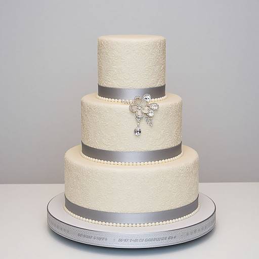 Photograph of a three-tiered white cake with silver textured frosting, silver ribbon accents, and a silver floral decoration on the middle tier.