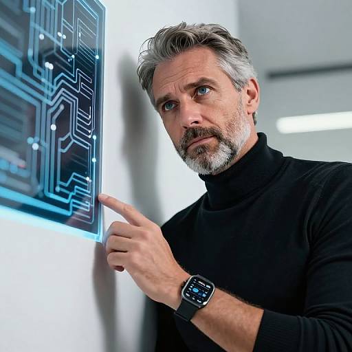 Photograph of a gray-haired, bearded man in a black turtleneck, pointing at a glowing, blue circuit board display in a modern,