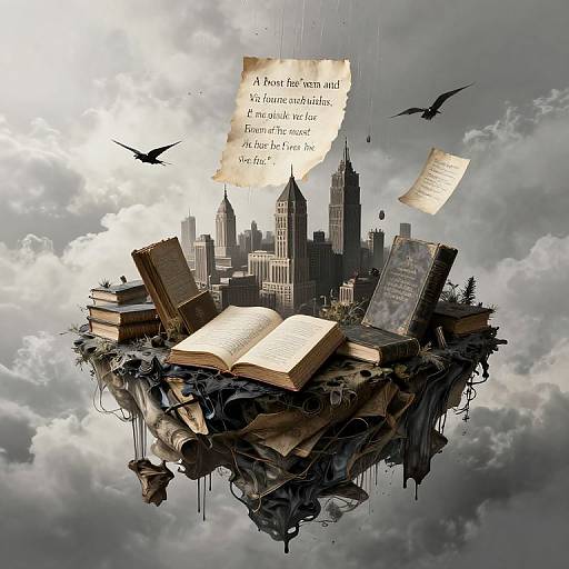Digital artwork of a floating island with open books, scrolls, and papers, surrounded by skyscrapers and flying black birds. Tattered parchment with text