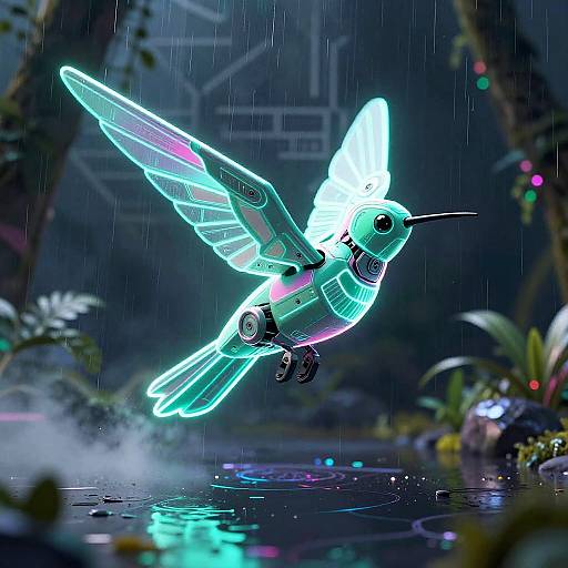 Neon Futuristic 3D Robotic Hummingbird