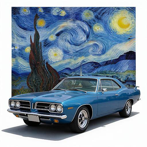 Photorealistic digital artwork of a blue classic muscle car in front of Van Gogh's 