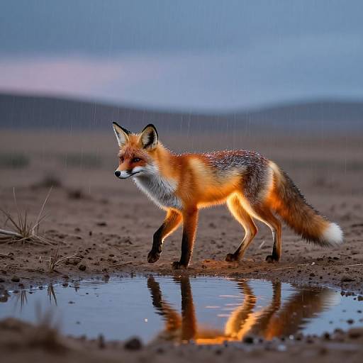 Photograph of a vibrant red fox with a white-tipped tail, walking through a muddy, rain-soaked landscape, reflecting in a puddle under