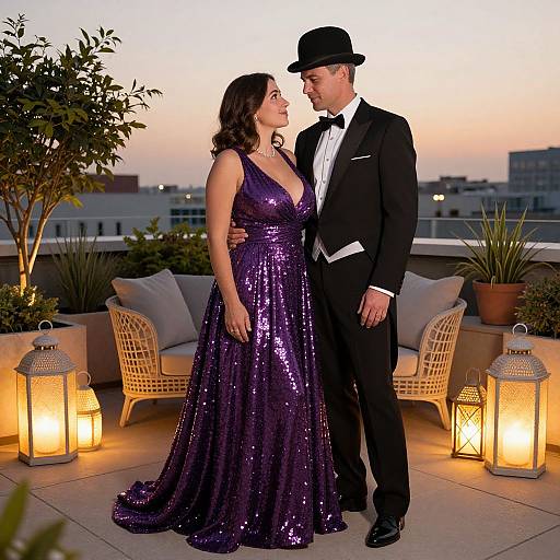 Photograph of a couple in formal attire; man in black tuxedo and bowler, woman in sparkling purple gown, on rooftop terrace at sunset