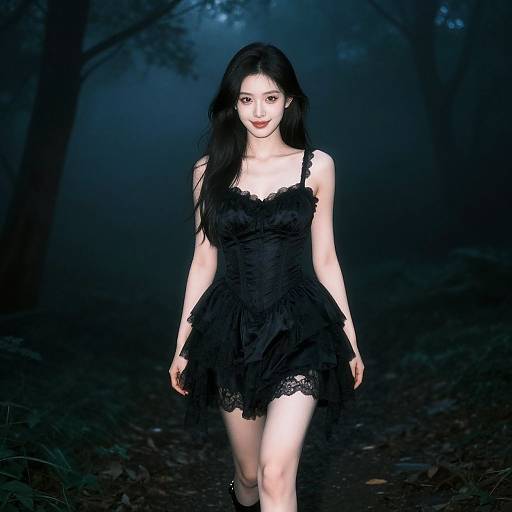 Digital artwork of an Asian woman with long black hair, wearing a black lace dress, walking in a dark, misty forest.