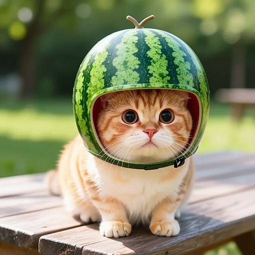Playful Cat with Watermelon Helmet