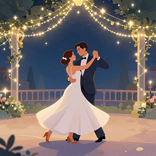 Elegant Couple Dancing Under Twinkling Lights