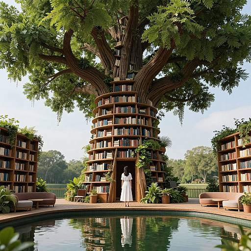 Digital artwork of a giant tree with bookshelves, a woman in white stands at its center, surrounded by a circular pool and potted plants.