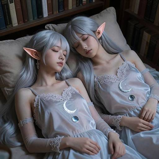 Sleeping Elven Twins in Moonlit Library