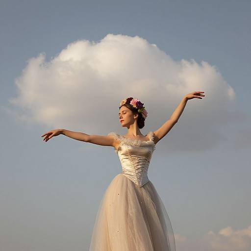 Photograph of a graceful woman in a white, sleeveless, tulle wedding dress with floral headpiece, arms outstretched, standing against a