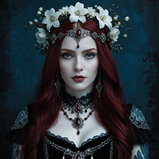 Gothic Woman with Red Hair and White Flowers