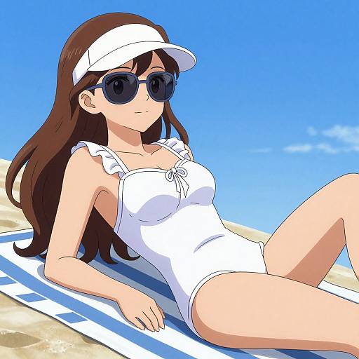 Anime-style digital drawing of a brown-haired woman with sunglasses, white visor, and white one-piece swimsuit, lounging on a blue-striped towel