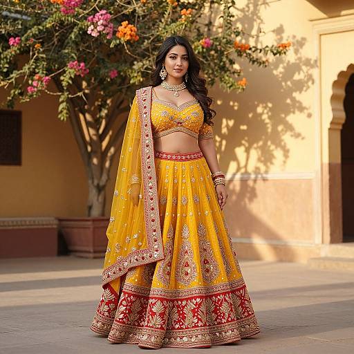 Photograph of a South Asian woman with long black hair, wearing a vibrant yellow traditional lehenga set with red and gold embroidery, standing outdoors against a
