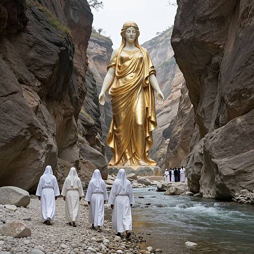 Photograph: Giant golden statue of a woman in flowing robes, towering over rocky canyon with five robed figures walking below.