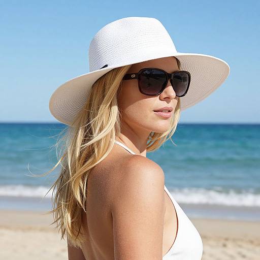Photograph of a blonde woman in a white sunhat and black sunglasses, wearing a white bikini, standing on a sunny beach with clear blue ocean and