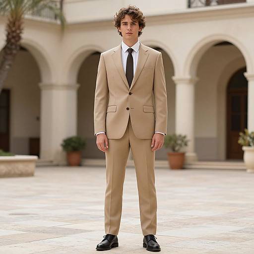 Photograph of a young man with curly brown hair, wearing a beige suit, white shirt, black tie, and black shoes, standing in a sun