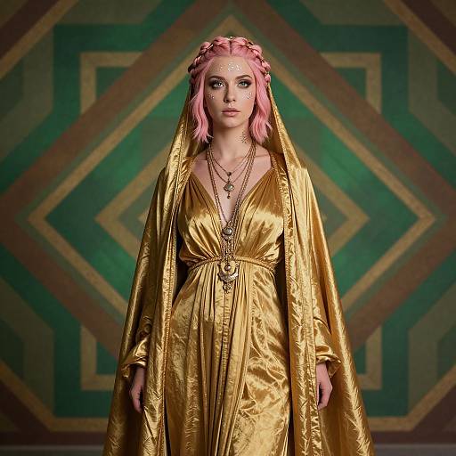 Photograph of a pink-haired woman in a gold, floor-length, V-neck dress and veil, with layered necklaces, standing against a geometric green