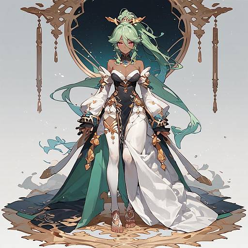 Digital anime-style illustration of a green-haired, green-eyed woman in a white and black ornate dress with gold accents, standing in front of an intricate