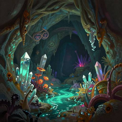 A vibrant, digital fantasy cave scene with glowing crystals, bioluminescent plants, and a winding, teal-lit water stream. Rich textures and