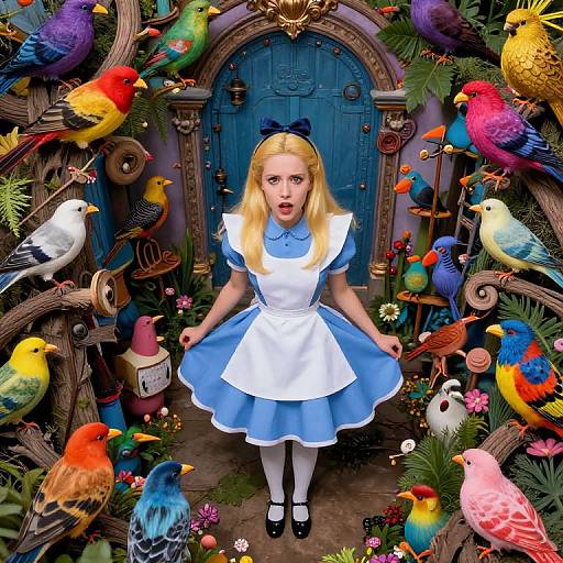 Digital art of a blonde girl in a blue and white Alice in Wonderland dress, surrounded by colorful, vibrant birds, in front of a blue wooden door